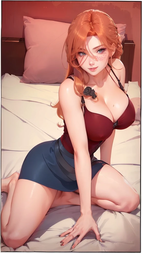 girl with long hair, russet hair, redheadlinda, sultry gaze, lovely eyes, provocative smile (blonde hair) Lots of details in the clothes, detailed light and shadow, 8K, Perfect anime, sexy girl, big boobies, very sensual