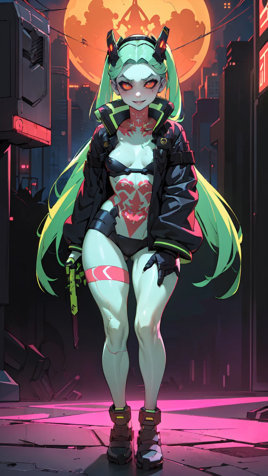 work of art, best qualityer, ultra detali, illustration, epic lighting, film composition, 1 girl, cute, red sclera,red pupils, cyborg, tatoo, hair green, colored fur, breasts small, Black jacke, standing, legs apart hands with black gloves with yellow details, lovely gaze, captivating pose, trunk:1.1, gazing at viewer, pretentious smile, cloused mouth, plein-air, citys, cyber punk, neon lights, Street, (natta, tenebrosa, tenebrosaness, tenebrosa como breu, eyeshadows:1.4), (8K:1.1),