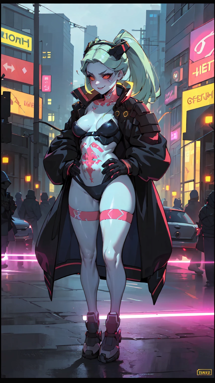 work of art, best qualityer, ultra detali, illustration, epic lighting, film composition, 1 girl, cute, red sclera,red pupils, cyborg, tatoo, hair green, colored fur, breasts small, Black jacke, standing, legs apart hands with black gloves with yellow details, lovely gaze, captivating pose, trunk:1.1, gazing at viewer, pretentious smile, cloused mouth, plein-air, citys, cyber punk, neon lights, Street, (natta, tenebrosa, tenebrosaness, tenebrosa como breu, eyeshadows:1.4), (8K:1.1),  