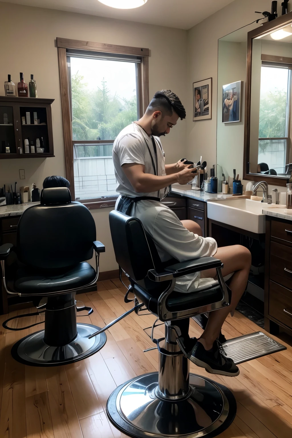 Arafed man sitting in a barber chair with a hair clipper in his hand , astor alexander, instagram post, imagem de perfil, Streamer do Twitch / Jogador Ludwig, Postagem no Reddit, Jen Bartel, Raphael Personnaz, Andrey Surnov, Directed by: Alejandro Obregon, em um fundo escuro,  post, Directed by: Emma Andijewska, andrew gonzalez
