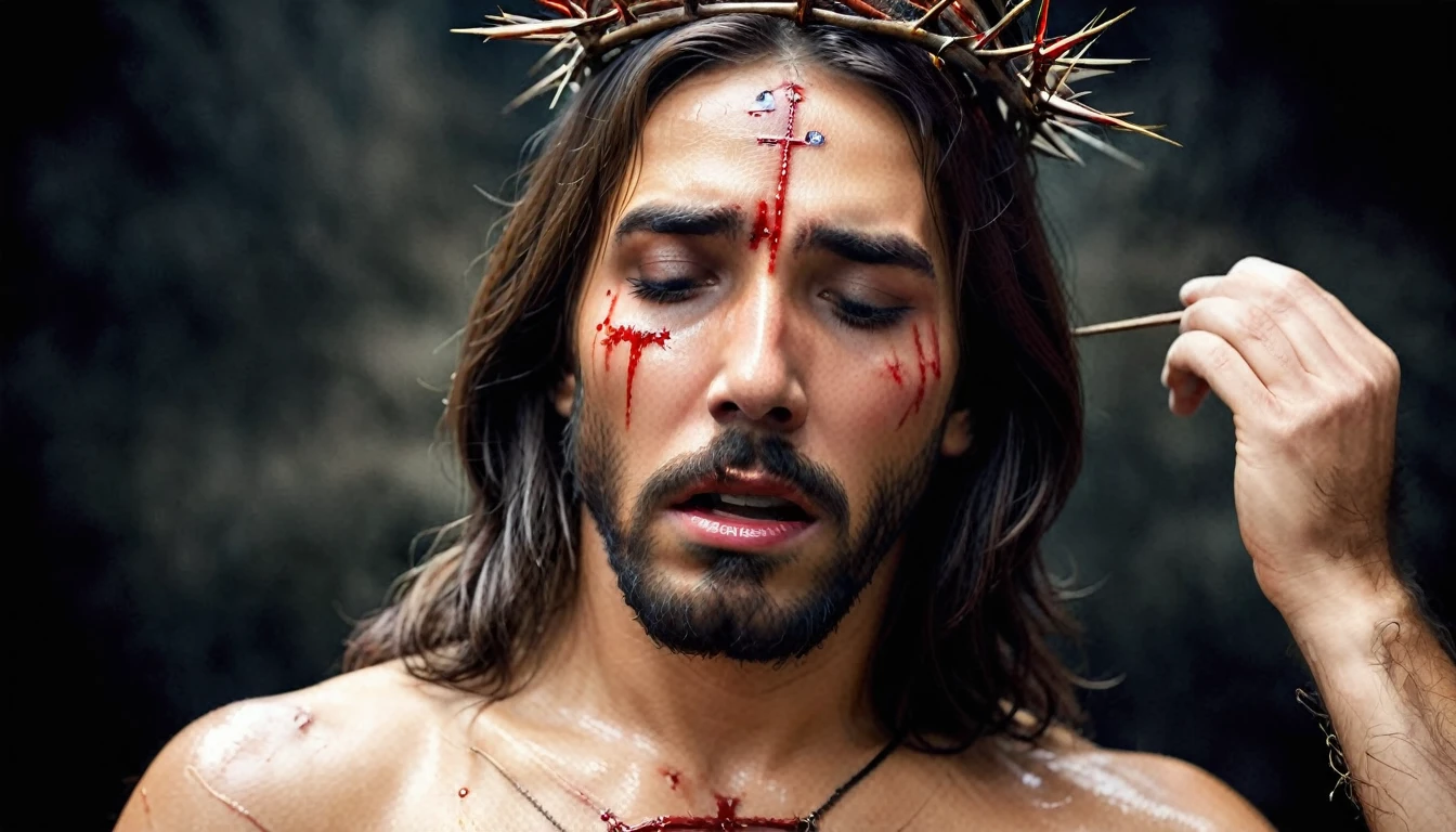 Draw a picture of Jesus with an expression of deep pain and suffering. Show the marks of the crucifixion, with a crown of thorns on his head. Your eyes should reflect sadness and compassion. Use a dark background to intensify the atmosphere of sacrifice and suffering. The image should convey the depth of your pain, but also the strength of your love and sacrifice