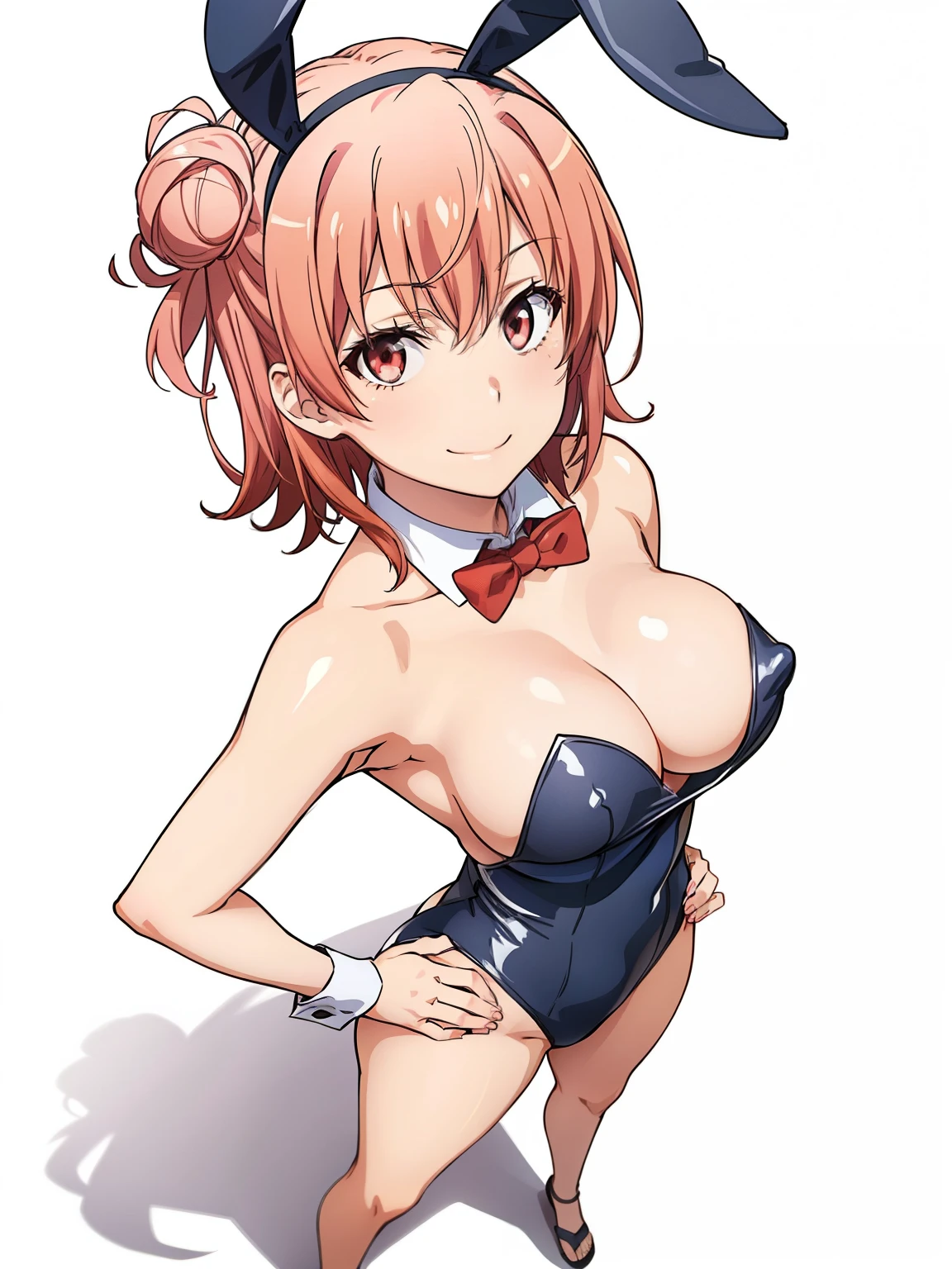((masutepiece, Best Quality, hight resolution, nffsw, Perfect Pixel, depth of fields, 4K, )), 1girl in, Solo, , Beautiful anime girl, Beautiful Art Style, close up, Looking at Viewer, Perfect body, Yuigahama Yui, Short hair, pink hair, hairbun, (large boob), hands on hips, bent over, see through playboy bunny, red bowtie, breasts, nipples, smiling, blank white background, shot from above