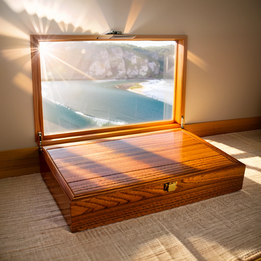 In this cozy room，A ray of sunlight shone through the half-drawn curtains on the table，Let the wood grain on the watch storage box shine with a faint luster。There was a calm and peaceful atmosphere in the air around them。There are several still lifes hanging on the walls of the room，It adds a touch of elegance to the space。And on the other side of the room，The half-open window lets in the breeze，The pages on the small desk by the window turned in the wind，This quiet scene gives a sense of tranquility and comfort。

