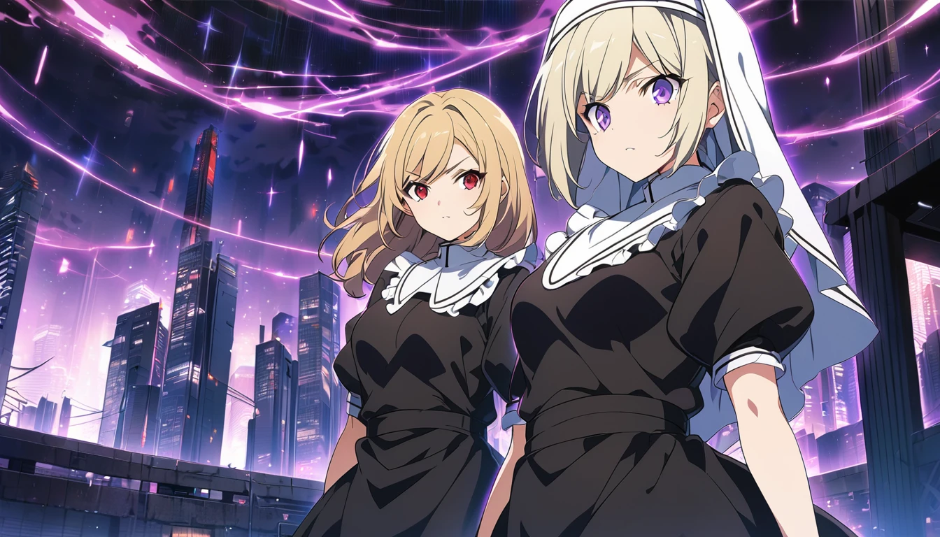 Two girls. The first is a nun with blonde hair and scary red eyes. The second is next to her and is a maid with purple eyes and long, straight black hair. The background is a city with purple lights. Anime Art Style.