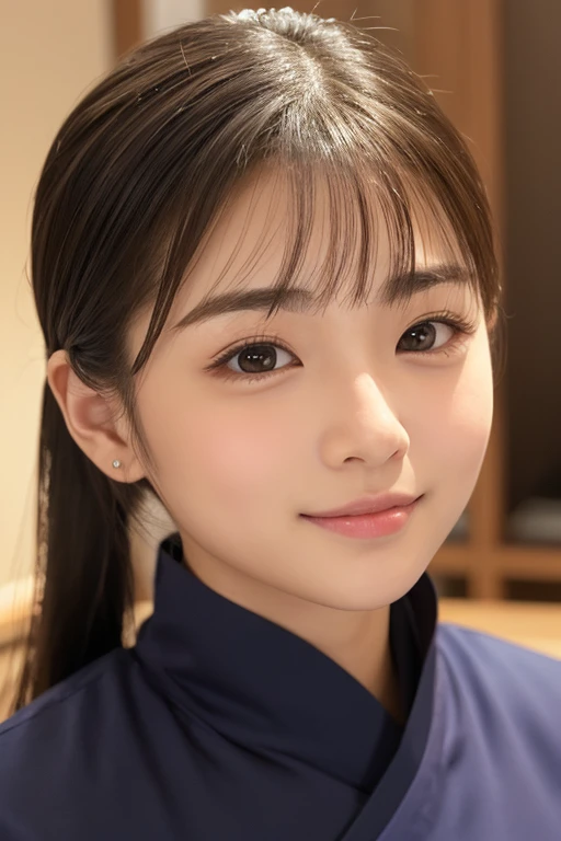 live-action。Japanese。
Face shape: Ellipse face。eye: Big、ぱっちりとしたeye。eyeの色は茶色。Eyebrow: Thick、弓なりのEyebrow。nose: In medium size、直線的な形のnose。Shaped like a grain of rice。mouth: 小さめのmouthで、Gentle smile。Jaw Contour: Plump and round。Hairstyle: ponytail。Skin color: Fair skin。