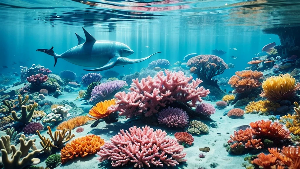 

"Create a breathtaking and vibrant underwater scene. The image should depict the rich biodiversity of the ocean floor, showcasing a colorful coral reef teeming with life. Include a variety of marine creatures such as schools of tropical fish, elegant sea turtles, playful dolphins, and graceful manta rays gliding through the water. Show vibrant corals in hues of pink, orange, and purple, along with swaying sea anemones and delicate seaweed. Soft sunlight filters down from the surface, casting a magical glow on the scene and creating a sense of depth and tranquility. Small bubbles rise to the surface, adding to the serene and lively atmosphere of the underwater paradise."

