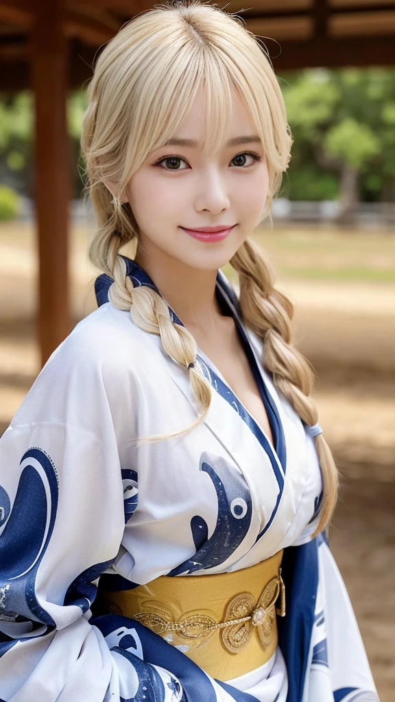 (Cowboy Shot:1.3),( Masterpiece, highest quality), 98k, ((Perfect Anatomy:1.2)),Beautiful Japanese Women, Succubus,(one person:1.3), 20-year-old, Small face,(Cute face:1.2),Smiling, Larger breasts, ,Beautiful and detailed eyes, Evenly spaced eyes 1.2, long platinum blonde hair,(Braided upstyle), (Highly detailed face and skin texture), Beautiful face in golden proportions,White skin,(Kimono Beauty:1.2),Random poses、(Expose the valley:1.3)