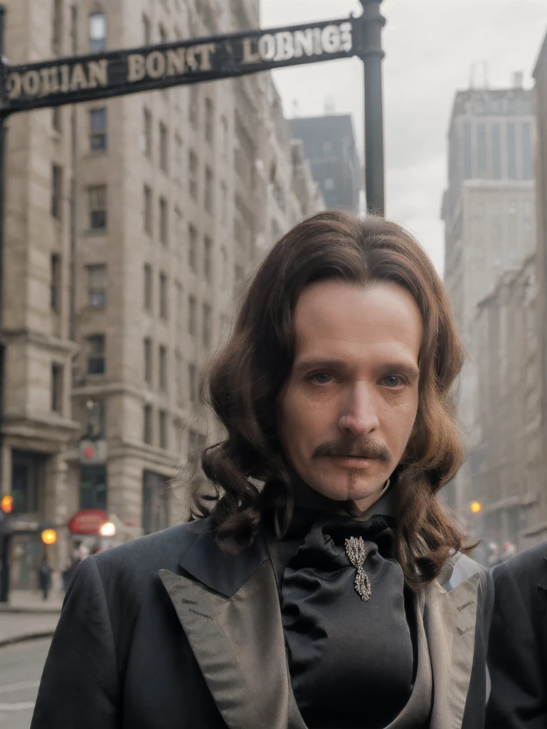 countd,suit,add_detail,(city street background),(close-up), gary old man, walks hand in hand with his love played by the actress winona ryder. masterpiece,highly detailed,detailed skin and pores,volumetric lighting,cinematic,sharp details,extreme dof,bokeh, victorian london, dull day, cloudy