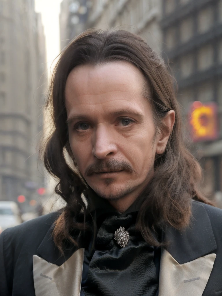 countd,suit,add_detail,(city street background),(close-up), gary old man, walks hand in hand with his love played by the actress winona ryder. masterpiece,highly detailed,detailed skin and pores,volumetric lighting,cinematic,sharp details,extreme dof,bokeh, victorian london, dull day, cloudy