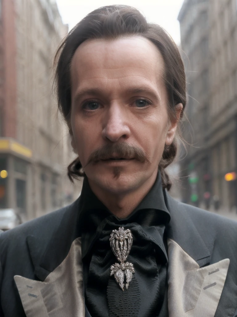 countd,suit,add_detail,(city street background),(close-up), gary old man, walks hand in hand with his love played by the actress winona ryder. masterpiece,highly detailed,detailed skin and pores,volumetric lighting,cinematic,sharp details,extreme dof,bokeh, victorian london, dull day, cloudy