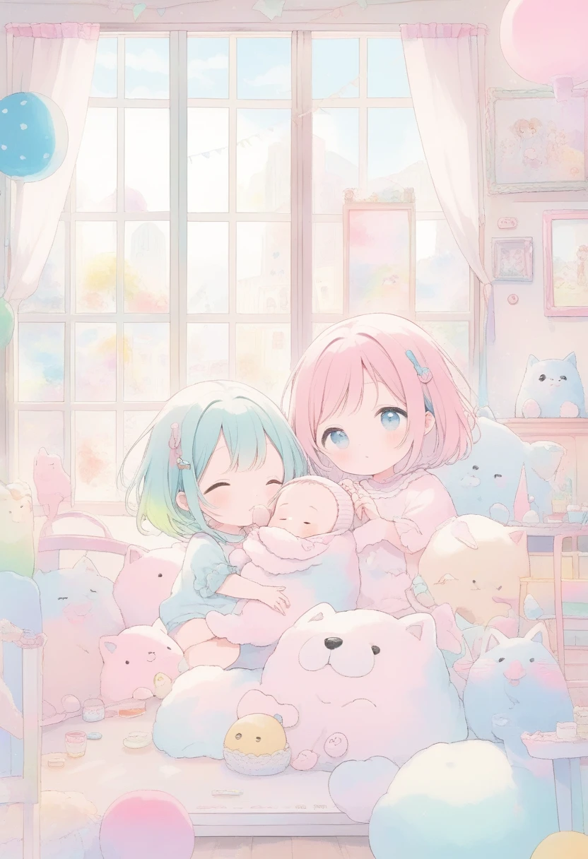score_9, score_8_up, score_7_up, score_6_up, score_5_up, score_4_up, fluffy large dog and human baby playing together, soft sparkling effects, room in the house, large windows, cute illustration style, fusion of watercolors and oil paintings, vivid and pastel colors, 2.5D