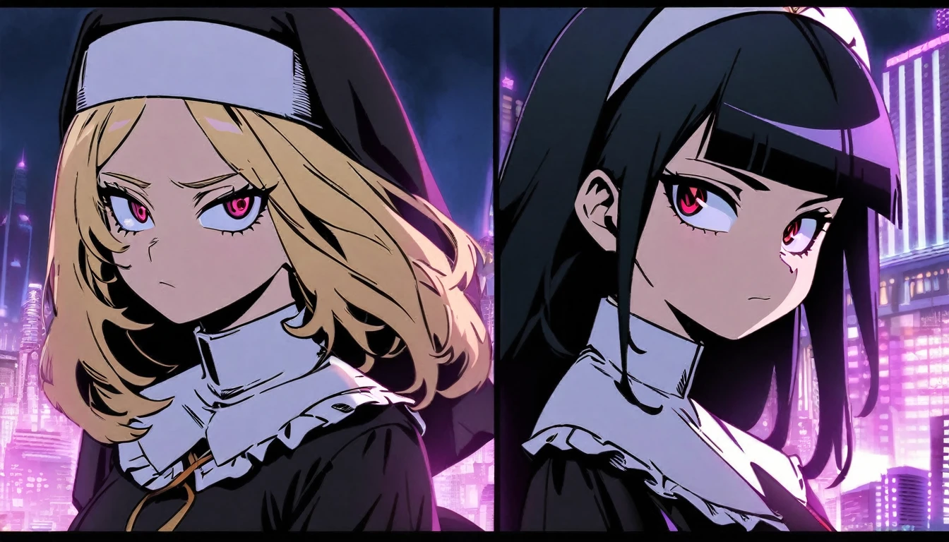 Two girls. The first is a nun with blonde hair and scary red eyes. The second is next to her and is a maid with purple eyes and long, straight black hair. The background is a city with purple lights. Boku No Hero Academia Art Style.
