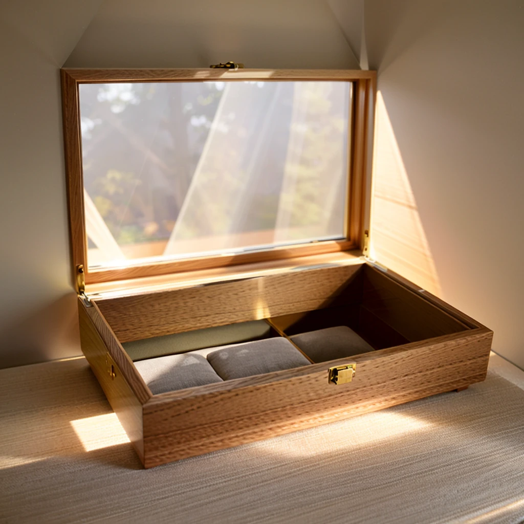In this cozy room,A ray of sunlight shone through the half-drawn curtains on the table,Let the wood grain on the watch storage box shine with a faint luster。There was a calm and peaceful atmosphere in the air around them。There are several still lifes hanging on the walls of the room,It adds a touch of elegance to the space。And on the other side of the room,The half-open window lets in the breeze,The pages on the small desk by the window turned in the wind,This quiet scene gives a sense of tranquility and comfort。Soft sunlight falls on the box,Make its surface appear faintly shadowed。These shades make the texture of the box richer,More three-dimensional。The shadow of the box contrasts sharply with its surroundings,It also shows the delicacy and texture of the watch storage box。