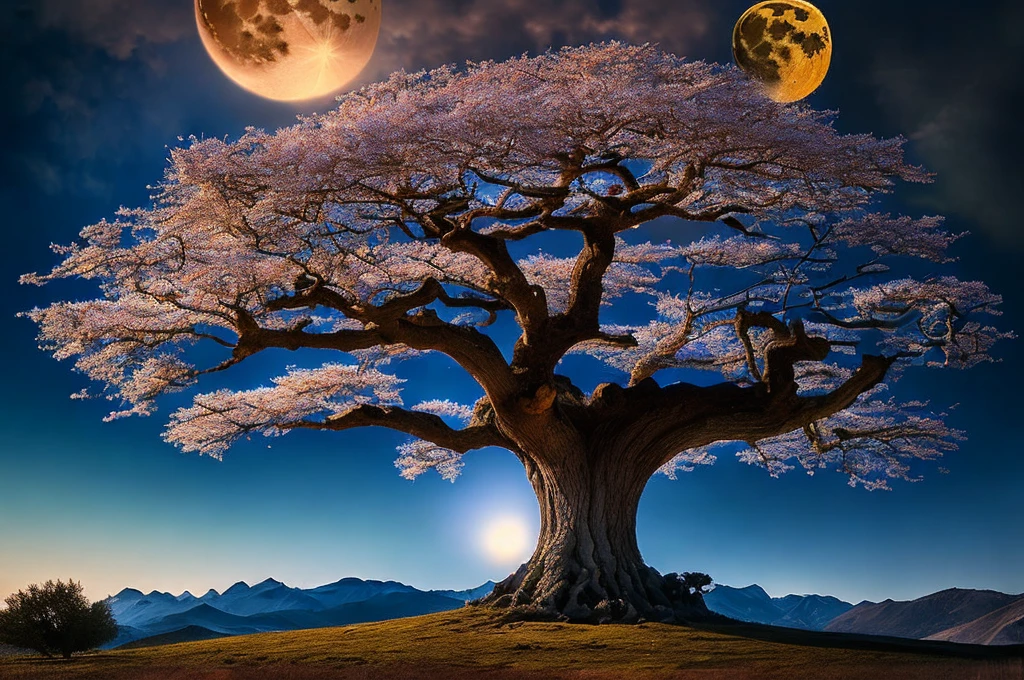 (Very beautiful epic breathtaking landscape), (very beautiful and very strange tree), (alluring, A fascinating sight), (Incredible, difficult to explain), amazing tree, (the full moon illuminates it), (ultra detailed photo, HDR, uhd, 16K), Professional photography, (ultra detailed environment), hyperdetailing, super detailed photo, (masterpiece of world photography), 