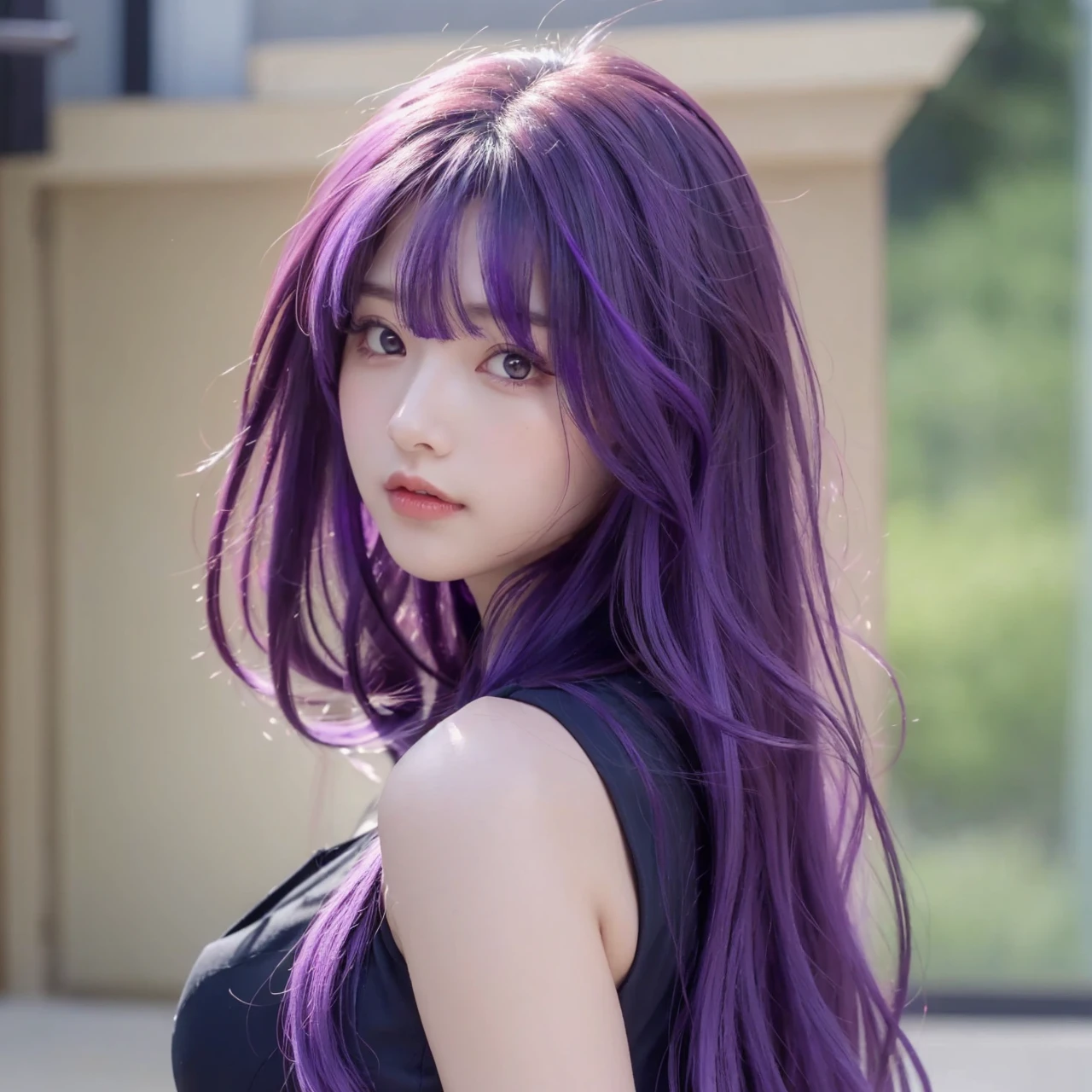 1girl with long hair and black dress standing in front of a door, anime girl wearing a black crop top, (Light purple hair), (Long hair), fair skin, purple eyes, pretty face, big breasts, cute face see-through bangs, (((Perfect)))