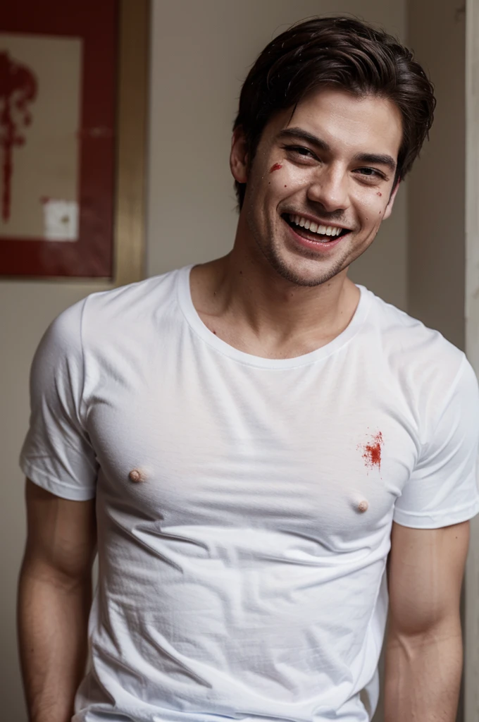 man with a white t-shirt, and blood, devil laugh, handsome, hot