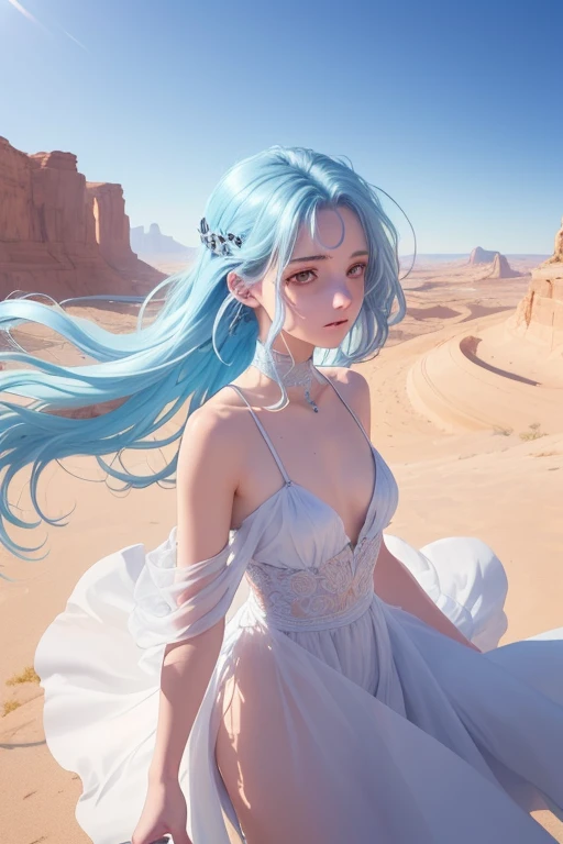 beautifully painted, high qulity, Super detailed CG illustration of young man with calm expression, Gaze into the distance，Striking light blue hair blowing gently in the desert breeze. The scenery behind him is vast and vast，breath-taking, Taking viewers into a world of wonder and discovery.