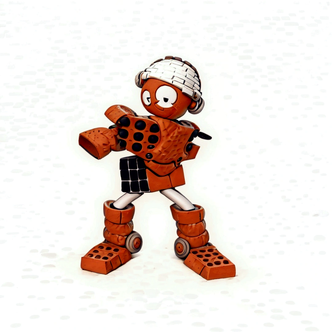 A robot smiles with a spherical head made of bricks, round ears, with a white construction helmet, the arms are made of cobblestone bricks each, shoulders made of colonial tiles, the body is made with two bricks with 9 holes in position. perpendicular, the chest showing the 9 holes and the stomach brick with 9 holes on the side, legs made of 2 PVC pipes, calves made of colonial tiles, feet made of bricks with 12 holes
