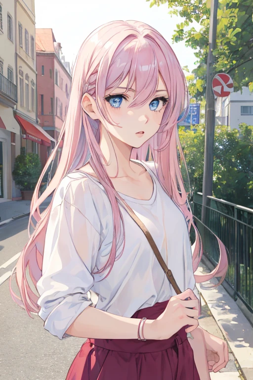 ((best quality)), ((masterpiece)), (detailed), perfect face a cute 18 years old girl blue eyes, long colour pink hair, normal clothes