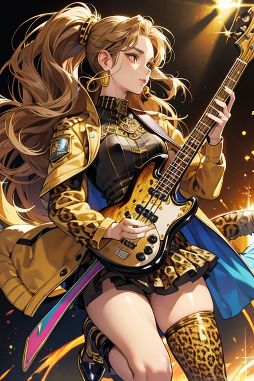She has light brown skin, brown eyes, and brown hair. She has a gold hair piece, gold earrings, leopard print unitard with the left leg covered, fishnet stocking at the right leg, a blue jacket with gold pauldrons, black arm covers, black leg sleeves, and blue shoes. She carries a gold and leopard print bass guitar. SPARKLE; GLITTER