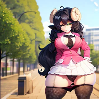 (detailded), (((chica sheep))), (((sheep))), big ass, (((black wavy hair))), ((mini-skirt)), (((pink pussy dripping))), (((office worker suit))), (white skinned), fishnet stockings, ((at a park))
