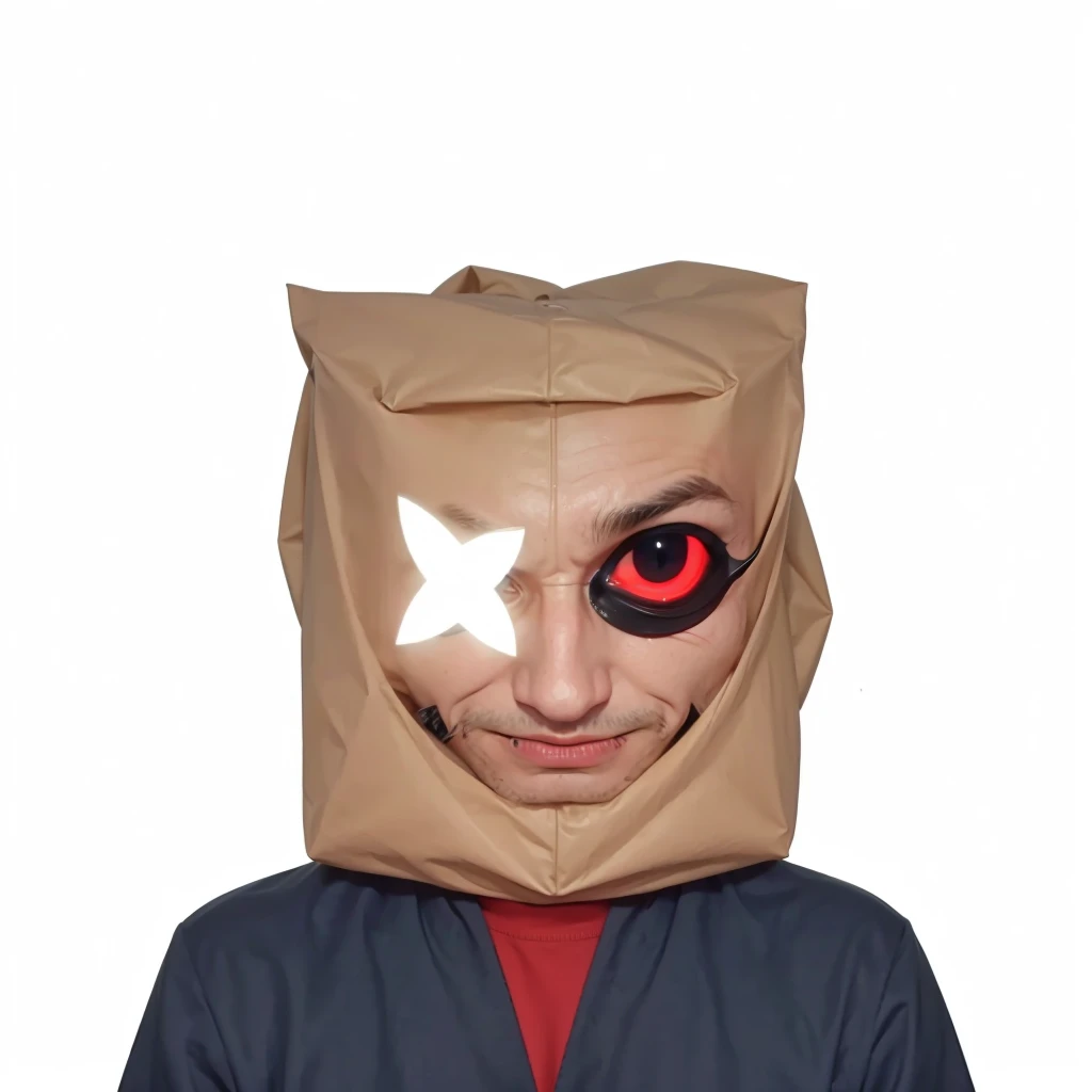 A man looking straight ahead, with an evil look, but no nose , he wears a bag over his head, and has an evil look.