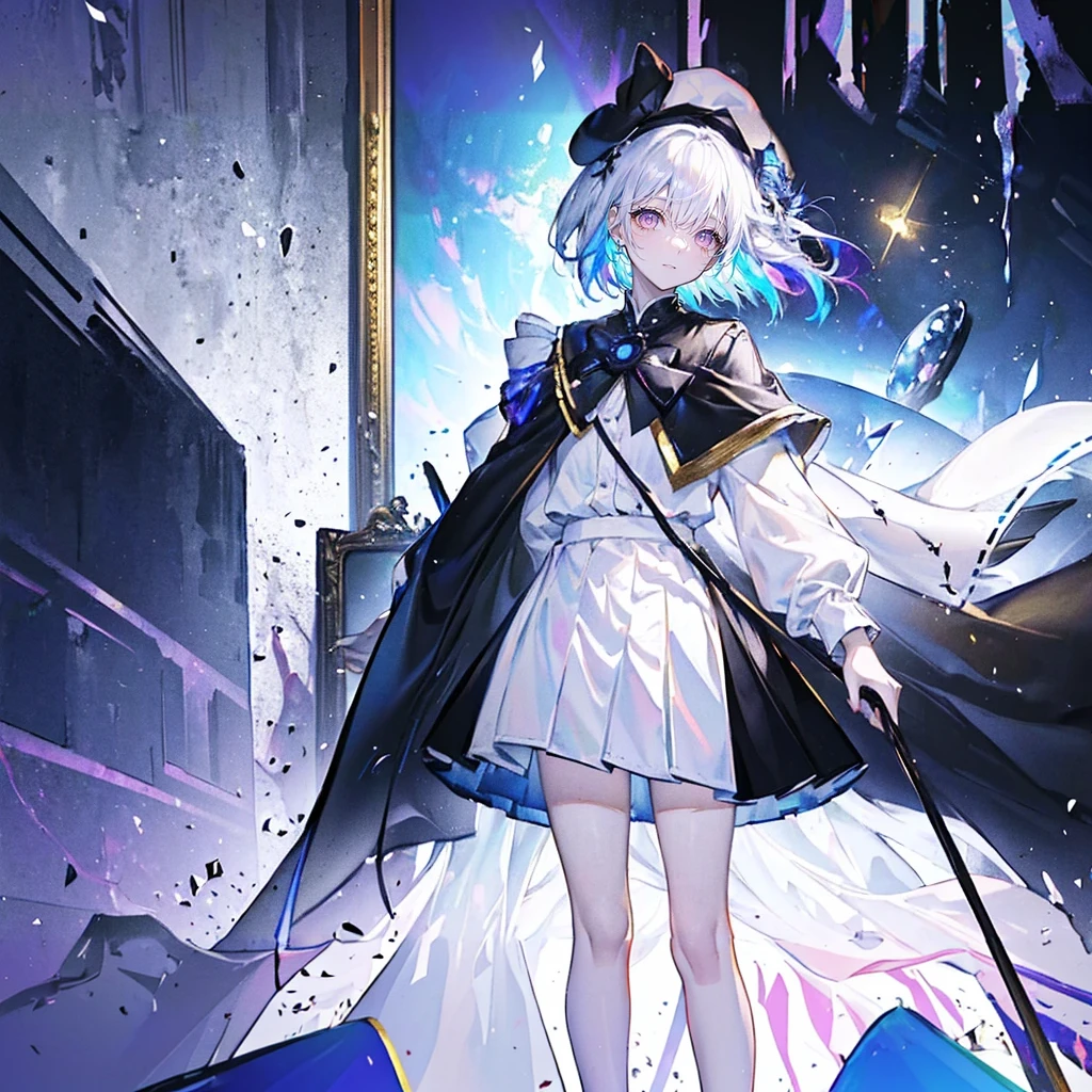 Wear white stockings,Black shoes,Stand on a cracked floor,Colorful head,There is a rainbow in the sky,Various pigments,Floor-length robe,Gradually dissolving background