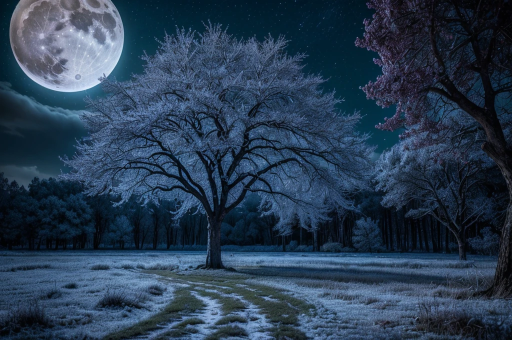 (Very beautiful epic breathtaking landscape), (very beautiful and very strange tree), (alluring, A fascinating sight), (Incredible, difficult to explain), amazing tree, (the full moon illuminates it), (ultra detailed photo, HDR, uhd, 16K), Professional photography, (ultra detailed environment), hyperdetailing, super detailed photo, (masterpiece of world photography), 