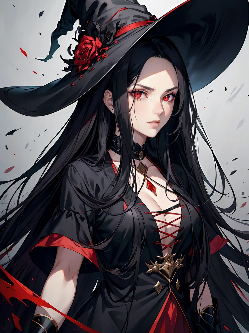 handsome woman,red-eyes,red pupils,Long black hair, grey skin, looks ill, Hyperresolution,accuracy,Detailed rendering,(Subtle facial image)(Image of fine hair)(topquality)(Masterpieces of masters)(High degree of completeness)(A sense of atmosphere)tmasterpiece,Super detailed and super detailed(half-body portrait), large witch hat, ankle length black straight hair, fierce look in her eyes,