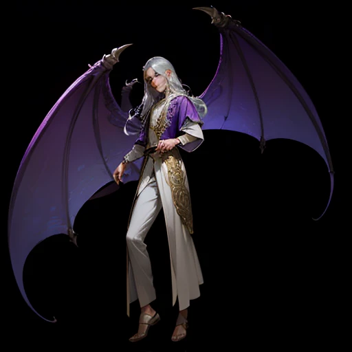 a handsome male elf, amethyst eyes, long silver hair, spectral dragon wings, purple shin length robes with gold trim, white shirt, black pants, detailed facial features, masterpiece, photorealistic, (extremely detailed facial features and portrait:1.4), (intricate robe details:1.2), (dramatic lighting:1.1), fantasy, digital painting, cinematic composition, highly detailed, (vibrant colors:1.3), dramatic lighting