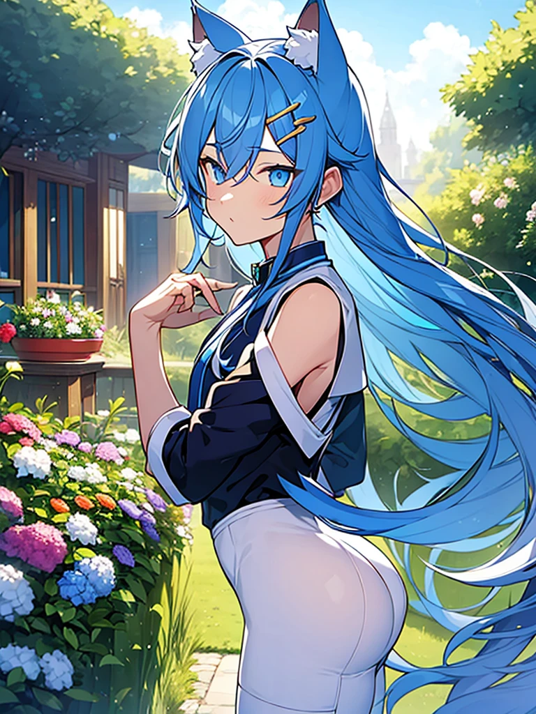 1cat boy, androgynus body, cat ears, cat tail, long blue hair, cat hair hair clip, blue eyes, serene face, blue top, white shorts, long white stockings, big ass, garden background