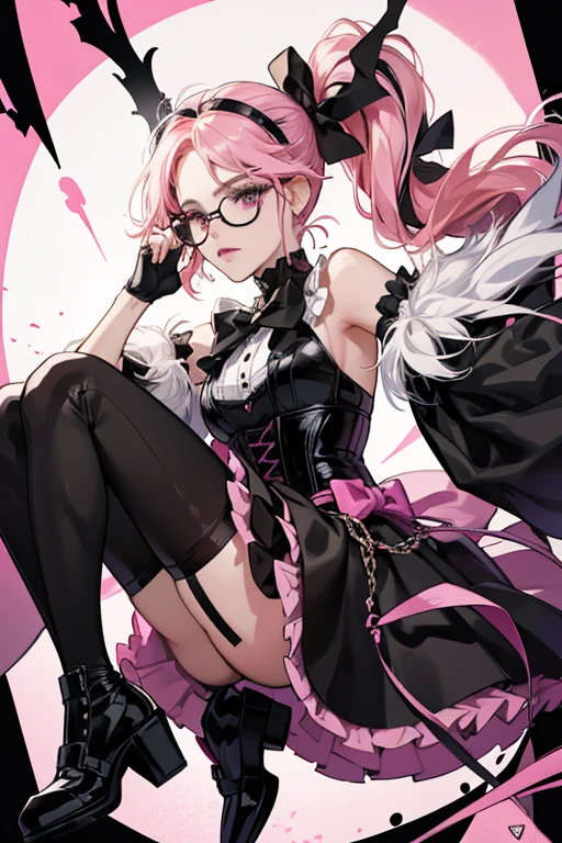 Metal Chick has her hair in two ponytails. One ponytail is pink and one is black. She has two loose streaks of hair by the side of her face. She has light pink eyeshadow with a darker pink streak through it. She has black lines under her eyes. She has black lipstick and a bow that has a half black half pink heart in the middle of it. The bow looks like a spider web. She has a white and black jacket with leg-o’-lamb sleeves fastened with white leather straps, a black and white split shirt with her band name on it, and matching split black and white underbust corset with spikes. She has a pink puffy skirt and her nails are painted pink and black. She has black leggings with one pink shoe and one black shoe. She also comes with bat-shaped sunglasses, as well as her signature musical instrument. SPARKLE; GLITTER