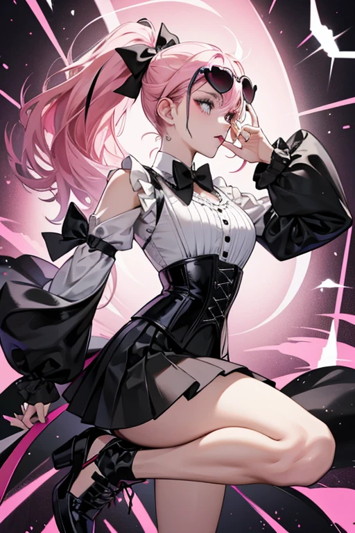 Metal Chick has her hair in two ponytails. One ponytail is pink and one is black. She has two loose streaks of hair by the side of her face. She has light pink eyeshadow with a darker pink streak through it. She has black lines under her eyes. She has black lipstick and a bow that has a half black half pink heart in the middle of it. The bow looks like a spider web. She has a white and black jacket with leg-o’-lamb sleeves fastened with white leather straps, a black and white split shirt with her band name on it, and matching split black and white underbust corset with spikes. She has a pink puffy skirt and her nails are painted pink and black. She has black leggings with one pink shoe and one black shoe. She also comes with bat-shaped sunglasses, as well as her signature musical instrument. SPARKLE; GLITTER