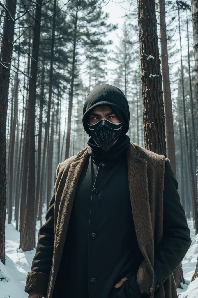A man with a skull mask, in a forest in winter