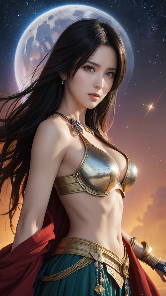 8K resolution, masterpiece, Highest quality, Award-winning works, unrealistic, Final Fantasy, Royal Jewel,Photorealistic paintings by Midjourney and Greg Rutkowski, , elegant, Very detailed, Delicate depiction of hair, Miniature Painting, Digital Painting, Art Station, Concept Art, Smooth, Sharp focus, shape, nature, Clear shadows, Full body portrait, Asura, God of War, Castle in the Sky, A strip of light pouring down from the sky, A pillar of light stretching into the sky, Complex colors, Buddhist Mandala, Colorful magic circle, flash, Mysterious Background, aura, Qinglong, A gentle gaze, break, Small faint lights and flying fireflies, night, Starry Sky, milky way, nebula, shooting star, Flowers, bird, Wind and Moon,erotic, Only sexy women, healthy shaped body, Anatomically accurate skeleton, 22-year-old woman, Asura, Height: 170cm, Large, firm, swaying bust, Holy sword in both hands, Complex Armor, Brightly colored armor, battlefield, Fight, dash,