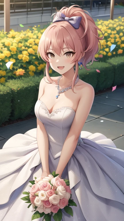 masterpiece, best quality, highres, aamika, ponytail, hair bow, wedding dress, strapless, necklace, white dress, garden, standing, cowboy shot, holding bouquet, open mouth, smile, confetti,