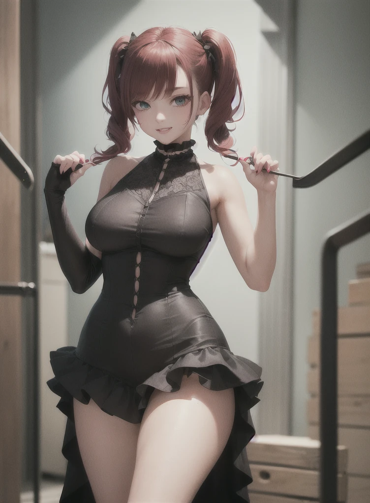 masterpiece, best quality,1girl,gothgal,frilly dress 8k,highres, ( flower_styler:1.2)(rainbow-candy:1.2) golden ratio, big breast, curvy girl, small waist, teal aqua eyes, red burgundy hair, pigtails, smirking, basement background, grunge style