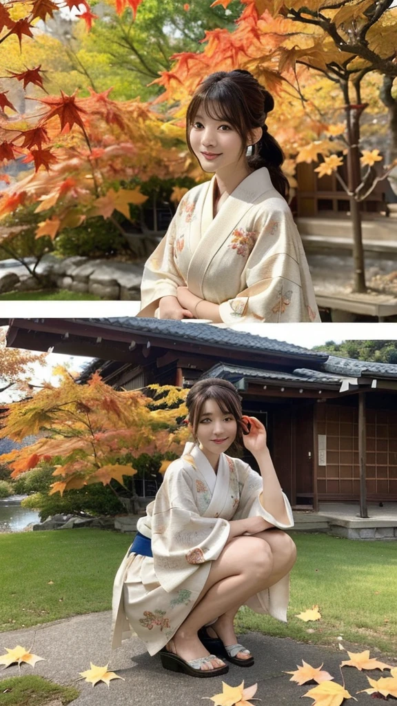 (Photorealistic:1.4), (Top image quality:1.0), (超High resolution:1.0), 8K, Raw photography, (masterpiece:0.2), (Purelos Face_v1:0.5)、(最高quality Detail:1.2)、Realisticな、8K UHD、High resolution、(One Girl:1.2)、超detailedな、High quality textures、Intricate details、detailed、非常にdetailedなCG、High quality shadows、Beautiful and perfect face、detailed 美しく繊細な目、Depth of written boundary、Ray Tracing,One Girl, Japanese girl, cute, kimono、Floral scrunchie, Beautiful Skin, I see your beautiful legs、squat、Put your hands together gracefully,The land of Japan smiling faintly,Japanese garden,Luxurious Japanese-style room, (Row of maple trees:1.2), ((Autumn leaves landscape:1.3)), Sky Porn, Magic Hour, (Realistic:1.3), 細かくdetailedに, quality, (Tabletop:1.2), (Realistic:1.2), (最高quality), (Intricate details), dramatic, Ray Tracing, photograph, +roller