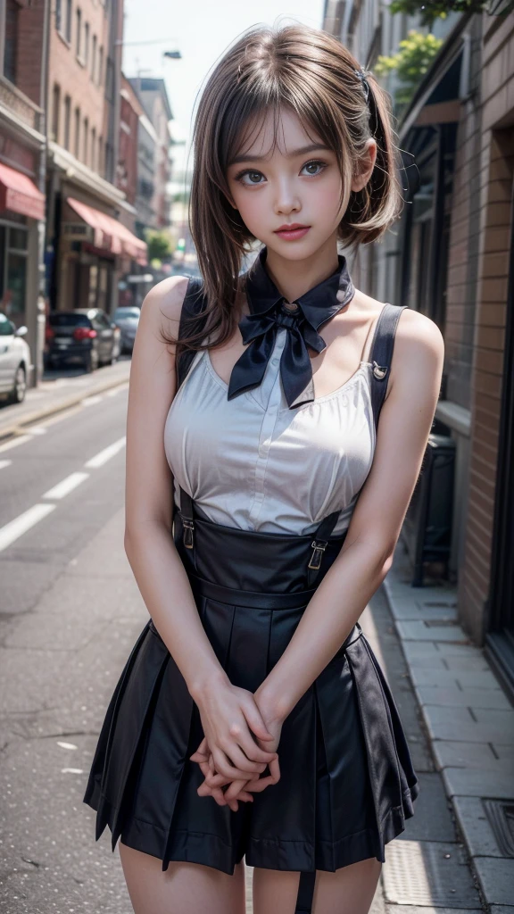 ((A beautiful girl wearing suspenders to accentuate her breasts)), (Cute school girl, , Baby-faced g1.5, Idol Face:1.2), (Cute outfits:1.3), Short Hair, Small beautiful breasts, Slender body line, Ultimate Beauty, ((Detailed eyes and face:1.2, Professional photography techniques)), Beautiful eyes wide open, Captivating Lips, Sexy look, (Highest quality, 8K, masterpiece:1.2, RAW Photos), (Photorealism:1.4), (Detailed hands and arms), (Delicate and beautiful hands of a girl:1.2), (Perfect Anatomy:1.2)