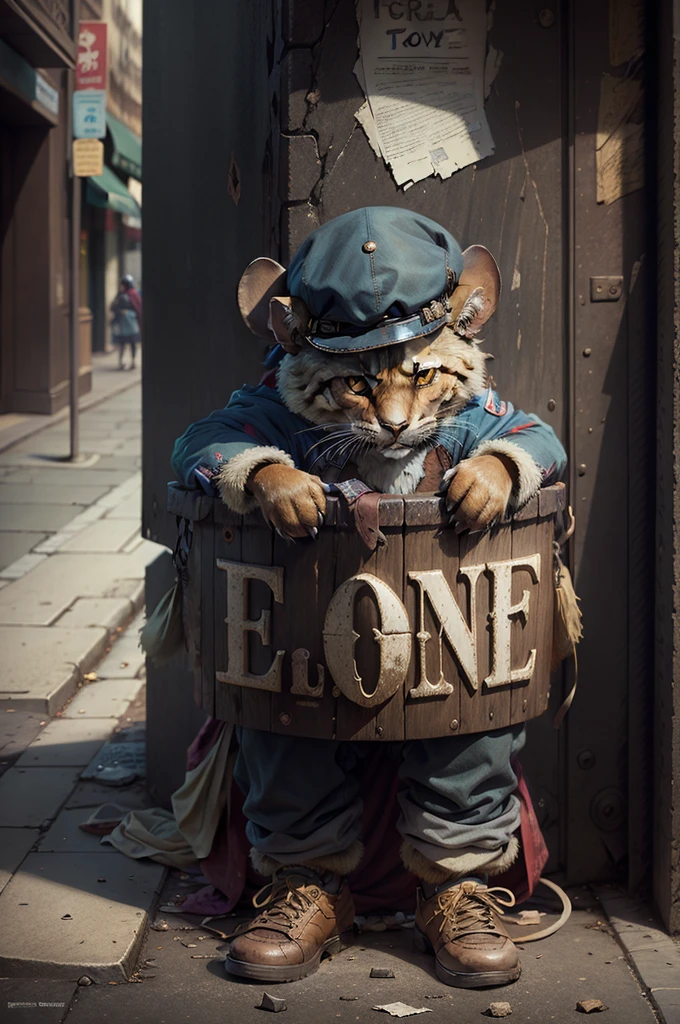 A ragged old mouse，Wearing a tattered hat，Begging on a busy street corner，There is a broken bowl in front of i expression looks very aggrieved.

