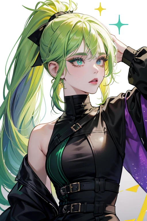 Bhad Gurl has a light skin-tone and pale-yellow green hair with black bangs tied into a ponytail. Her eyes are a most desaturated dark blue color, and she has dark moderate magenta lipstick paired with pale yellow-green eyeshadow outlined with the same color used for her eyes. SPARKLE; GLITTER