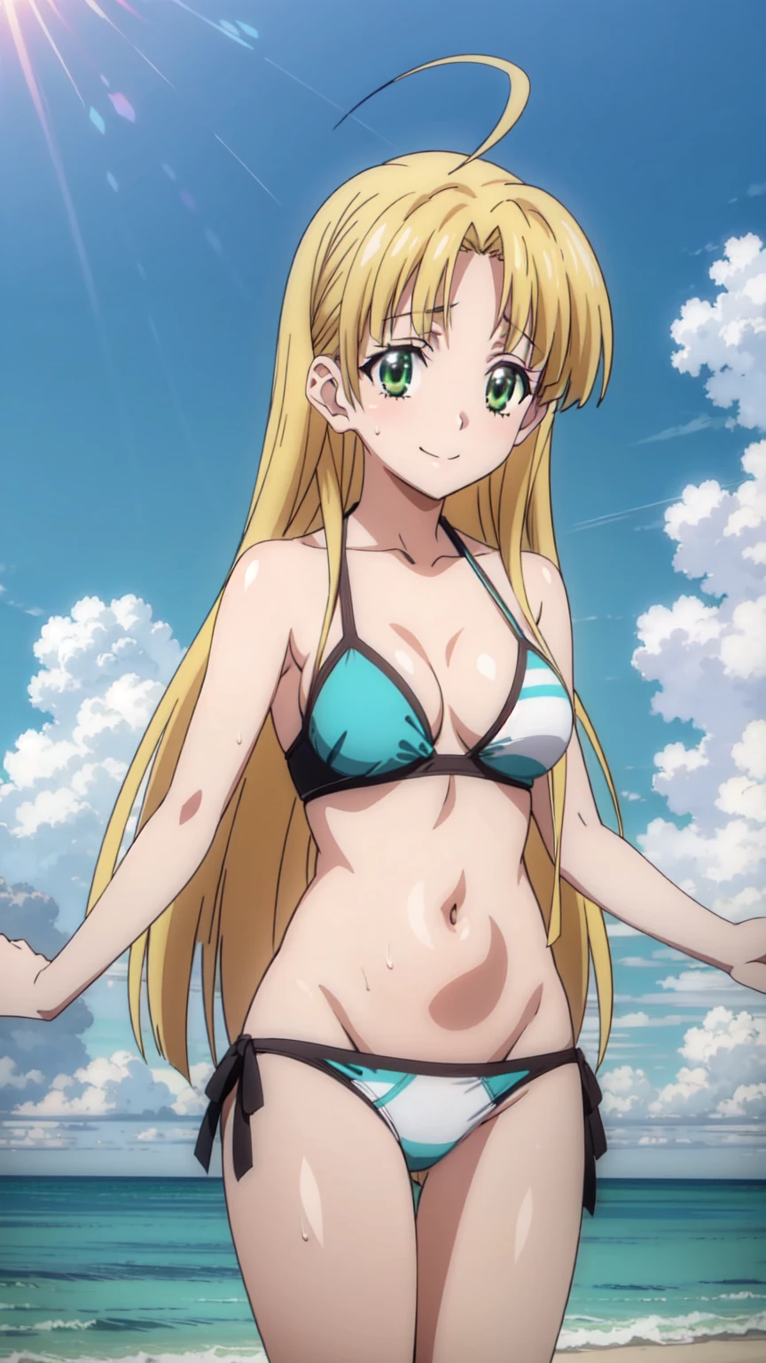 eft_dxd_blonde, 1girl, solo, green eyes, long hair, blonde hair, ahoge,breasts, very long hair, bangs, Smiling, looking at the viewer, blue theme, blue background, cloudy sky, sunlight, sweat, orgasmic, bikini swimsuit, medium breasts, cleavage, belly button exposed, collarbone, thighs, sea and beach,