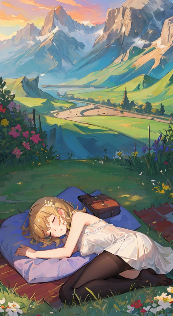 ((Rolling mountains))，A beautiful young girl sleeping on the lawn