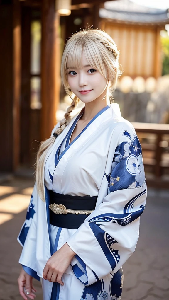 (Cowboy Shot:1.3),( Masterpiece, highest quality), 98k, ((Perfect Anatomy:1.2)),Beautiful Japanese Women, Succubus,(one person:1.3), 20-year-old, Small face,(Cute face:1.2),Smiling, Larger breasts, ,Beautiful and detailed eyes, Evenly spaced eyes 1.2, long platinum blonde hair,(Braided upstyle), (Highly detailed face and skin texture), Beautiful face in golden proportions,White skin,(Kimono Beauty:1.2),Random sexy poses、(Expose the valley:1.3)