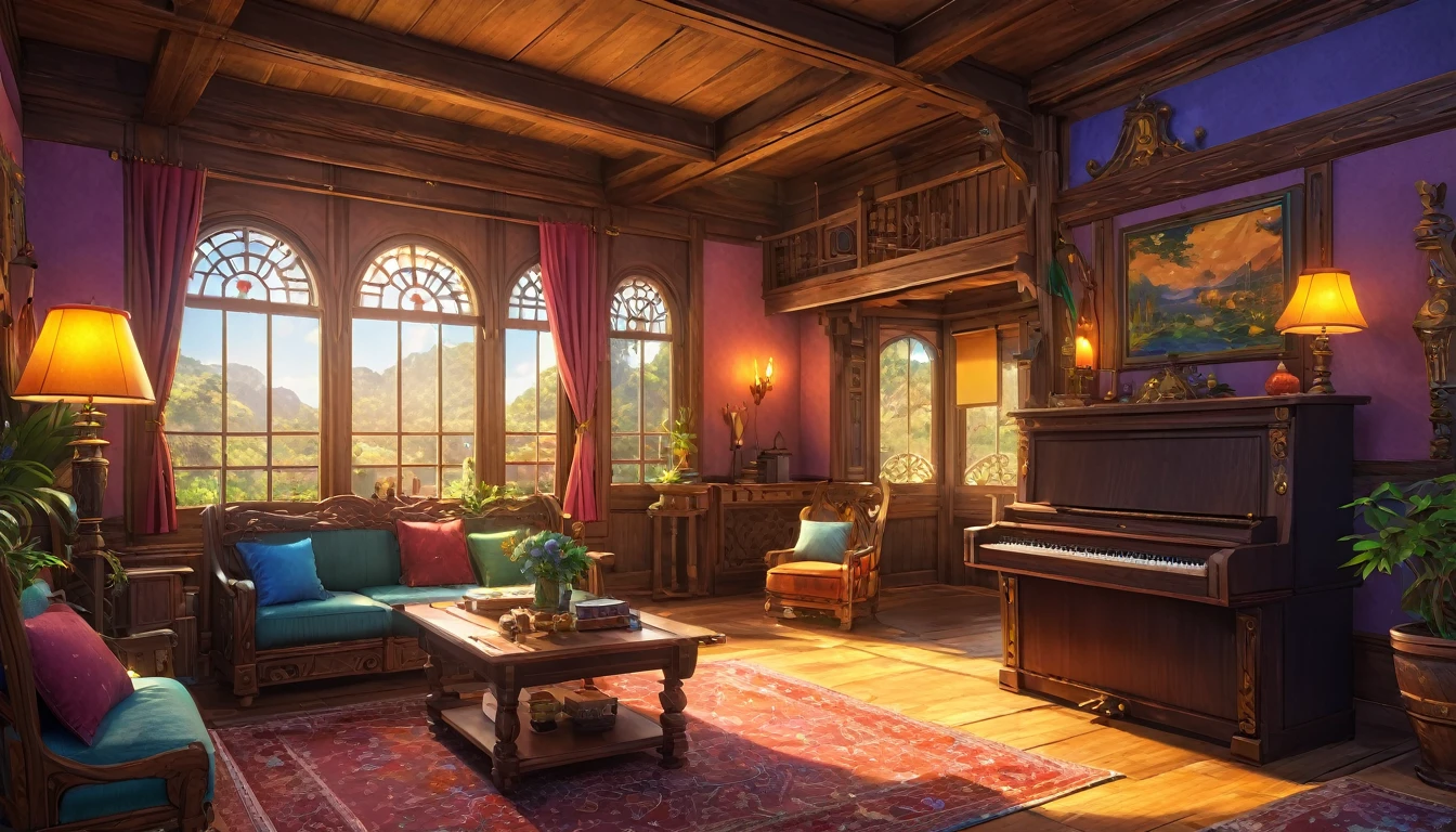 (anime, fantasy, house interior), (detailed CG unity 8k wallpaper, masterpiece, best quality, ultra-detailed, HDR:1.2), vibrant colors, intricate, high FXAA, unique house interior, warm atmosphere, final fantasy x