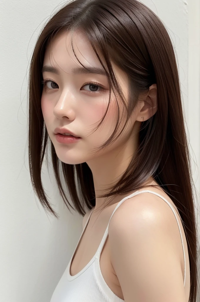 (Highly realistic photos, High resolution, Detailed face, Fine grain), ((Photographed in front of a white wall))、Japanese women, 20-year-old, A variety of expressions, alone:1, Slim figure, Various hairstyles, Casual clothing, 写真の中でalone、Selfie、Photographed in natural light、Simple Necklace、Spring Clothes、Looking at the camera、profile、Dark brown hair color