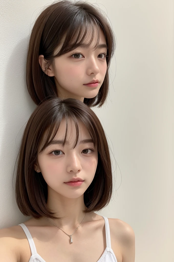 (Highly realistic photos, High resolution, Detailed face, Fine grain), ((Photographed in front of a white wall))、Japanese women, 20-year-old, A variety of expressions, alone:1, Slim figure, Various hairstyles, Casual clothing, 写真の中でalone、Selfie、Photographed in natural light、Simple Necklace、Spring Clothes、Looking at the camera、profile、Dark brown hair color