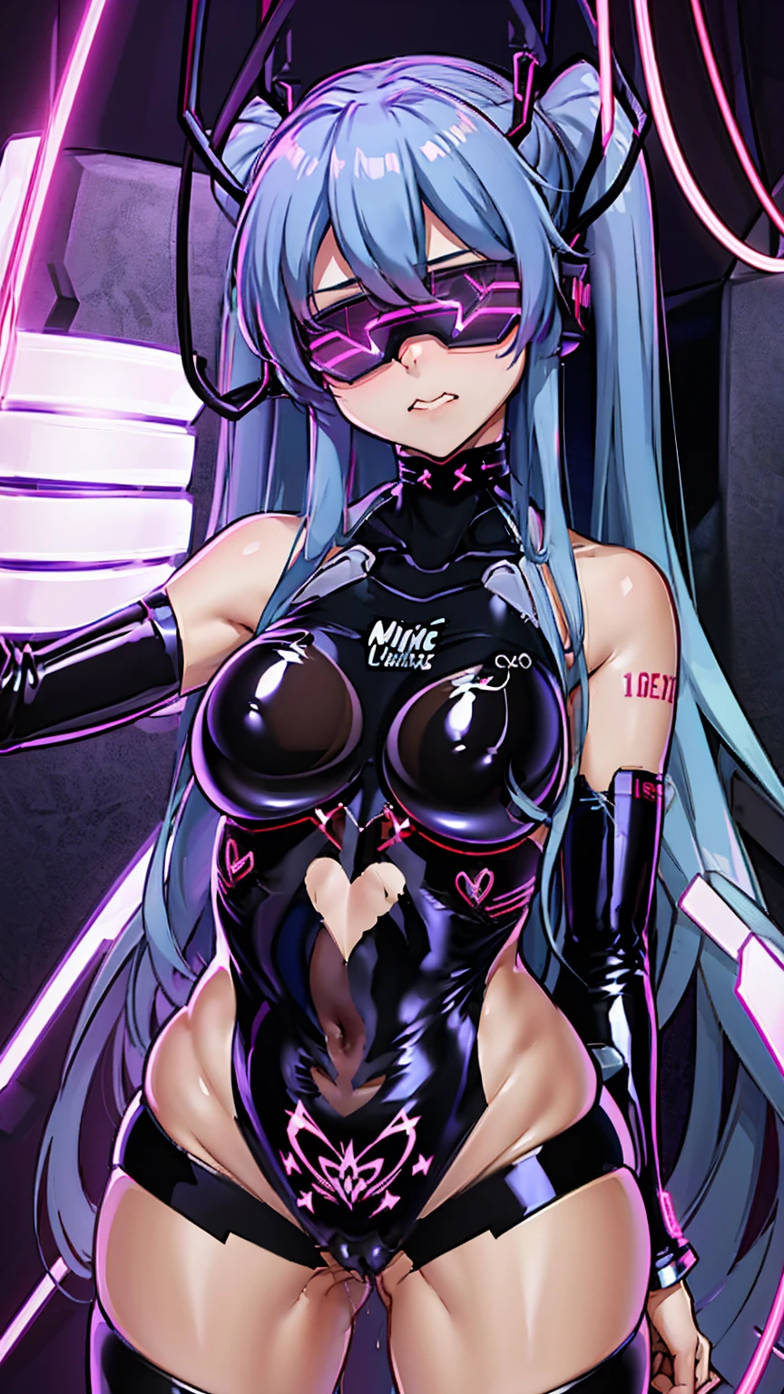 {{1 female},{{{{{Tabletop++, Highest quality++, Super detailed+, Ultra-high resolution,(Realistic:1.4)Cowboy Shot,Hatsune Miku, (vocaloid)RAW Photos,(Hatsune Miku)+,(Hatsune Miku)+, (vocaloid) Expressionless, Light blue hair, Red eyes ,clavicle, Twin tails, ((Black Bodysuit 1.6)),so beautiful, Highest quality, Absurd, One Girl, Brainwashed,}}}} Hollow Eyes,(Eyes glow red :1.4)), ((Big Breasts：1.1))、(The shape of the genitals is clearly visible)) cyber punk, Dark Lab, Dark Room,(Neon Light:1.2), (night:1.5), (Stand up and raise your right arm in a salute, Place your left hand on your hip)