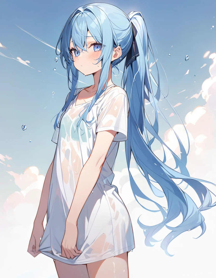 1girl,solo,19 years old,blue-long-hair,high-ponytail,blue-eyes,(tall-stature:1.2),flat-chest, white_t-shirt, (mint-green_bra:0.4), wet,her bra is showing through