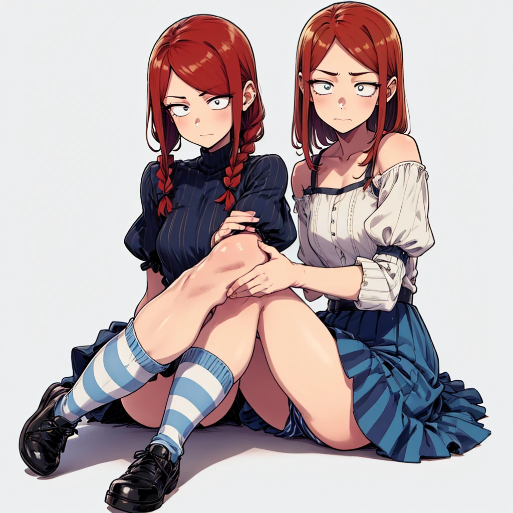 check_9, check_8_up, check_7_up, check_6_up, check_5_up, check_4_up, 1 girl, ffvendis, Red hair, Blue eyes, double braids, hair bow in striped dress, Striped sleeves, puffy sleeves, striped knee socks, sitting on the floor, legs focus, detailed eyes, gloomy background,  